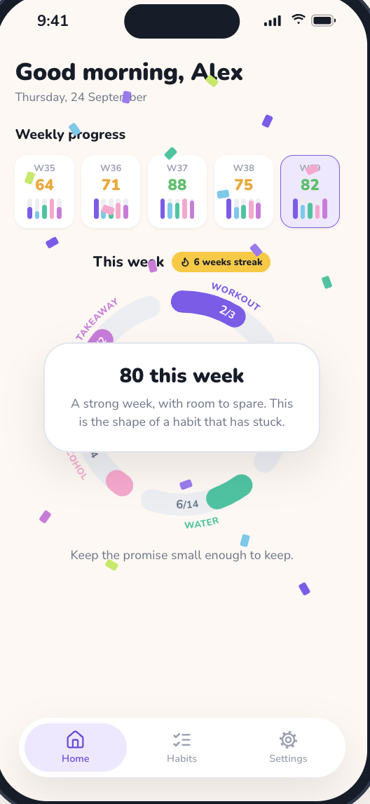 A celebration card reading 80 this week, with confetti over the home screen.