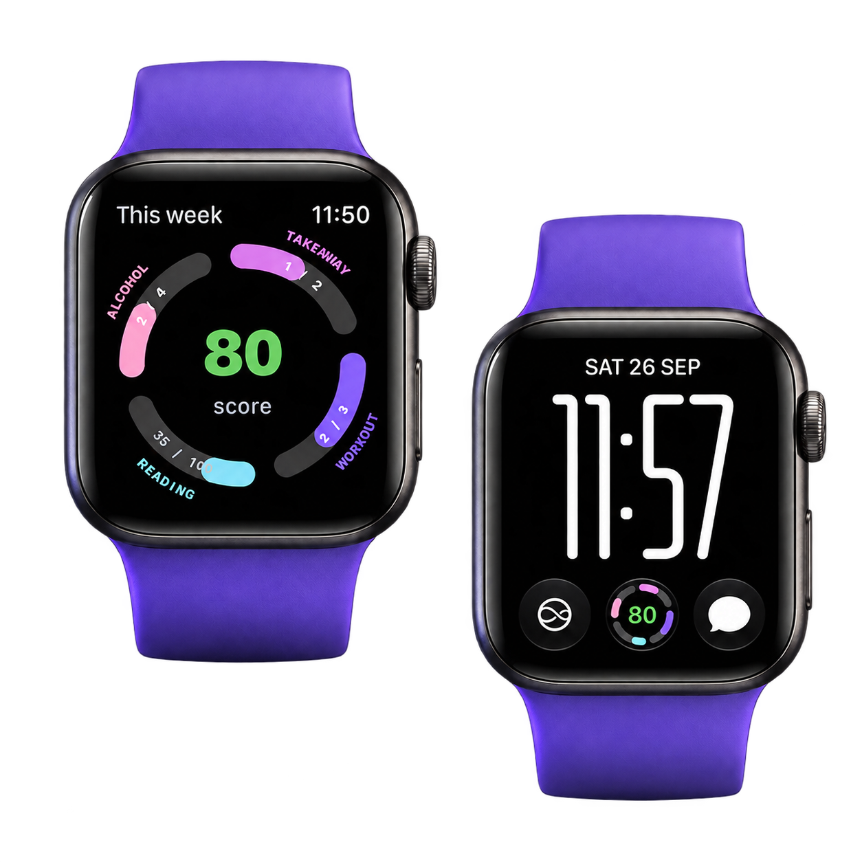Two graphite Apple Watches with purple bands showing the WellRep weekly score app and watch-face complication.